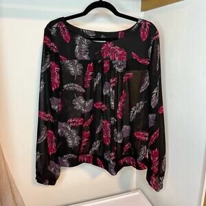 Sag Harbor Women’s Sheer Feather Print Blouse Size Large Whimsigoth Witchy